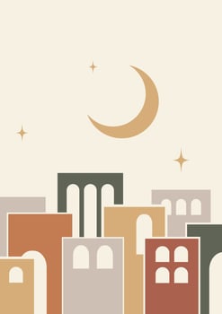 Architecture elements and moon poster illustration. Modern aesthetic illustrations. Boho style artistic design for wall decoration vector