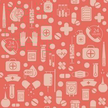 Seamless pattern with vector medical Icons in flat style. Medical white icons on red background for your design