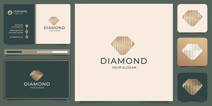 minimalist luxury diamond gem contour symbol with business card design. vector