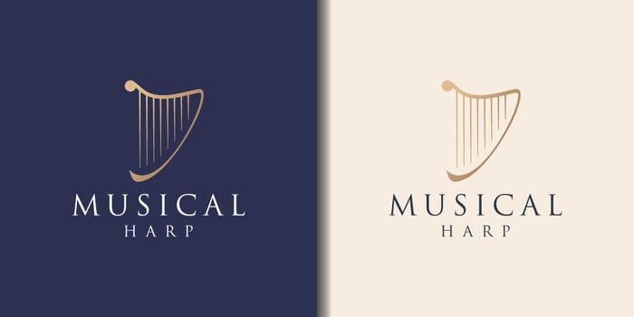 Elegant and Luxury Harp instrument Logo design inspiration. golden color vector