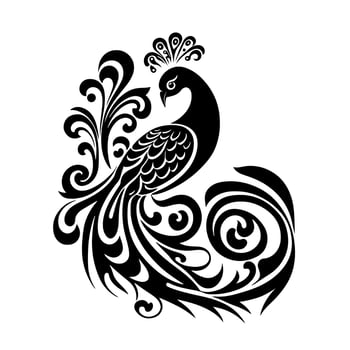 Peacock with an ornamental tail. Decorative, monochrome illustration for logo, emblem, mascot, embroidery, wood burning, crafting. vector