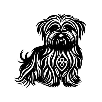 Fluffy and cute Havanese dog portrait. Ornamental monochrome vector for logo, emblem, mascot, embroidery, wood burning, crafting.