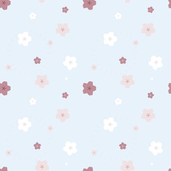 seamless cute lovely pink and white cherry blossom sakura peach plum flower repeat pattern in bright blue background. flat vector illustration design