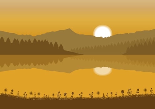 Illustration of a sunset over a lake with mountains and lake in the background vector