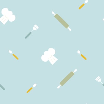 seamless doodle hand drawing chef stuff, kitchen set repeat pattern in blue background, flat vector illustration design
