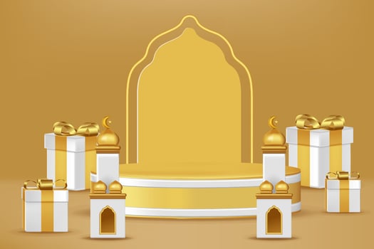 Realistic 3d Islamic celebration with islamic ornament and product podium. Vector 3D Illustration