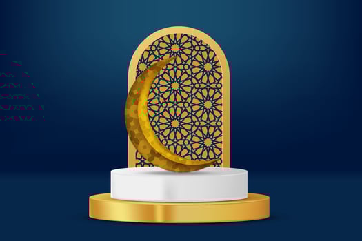Realistic 3d Islamic celebration with islamic ornament and product podium. Vector 3D Illustration