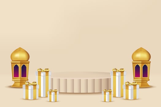 Realistic 3d Islamic celebration with islamic ornament and product podium. Vector 3D Illustration