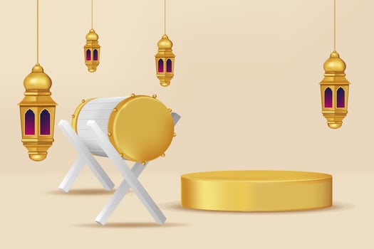 Realistic 3d Islamic celebration with islamic ornament and product podium. Vector 3D Illustration