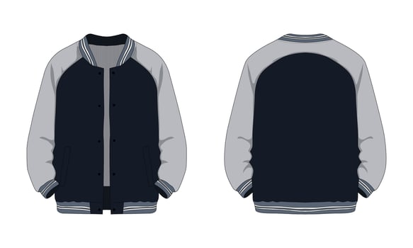 Raglan sleeve varsity jacket front and back. Sports jackets, baseball jackets. Vector illustration