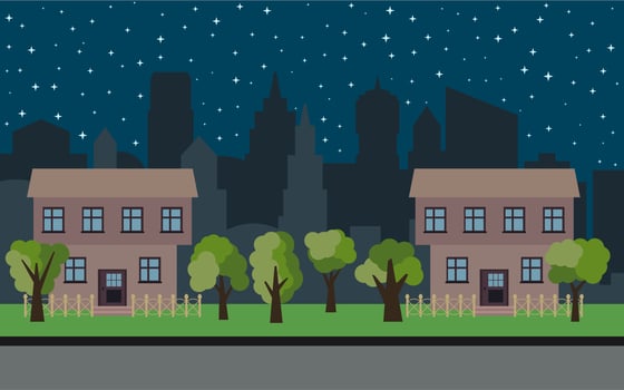 Vector city with two two-story cartoon houses and green trees at night. Summer urban landscape. Street view with cityscape on a background