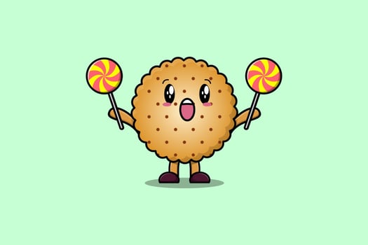 Cute cartoon Cookies character holding lollipop vector