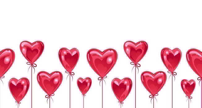 Seamless border for valentines day. balloons in the shape of a heart. On white background. love you. Bright horizontal vector illustration, realistic style. For advertising banner, website, sale flyer
