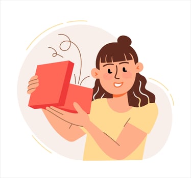 A woman opens a surprise box. The concept of a business idea, startup, organization, brainstorming, problem solving. Vector illustration flat isolated