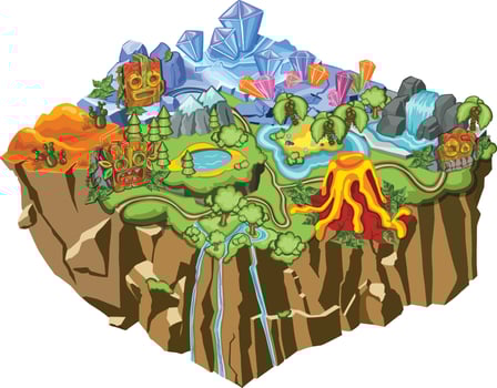 Tropical natural landscape isometric game template, mountains, volcanoes, waterfalls. Vector illustration