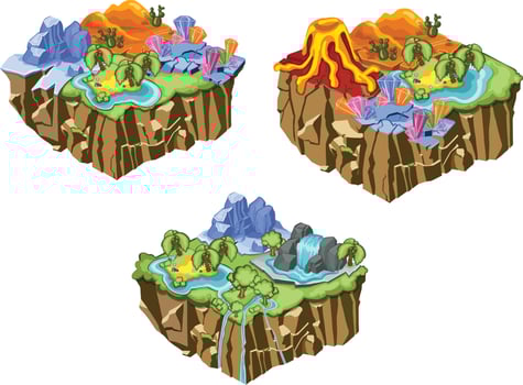 Tropical natural landscape isometric game template, mountains, volcanoes, waterfalls. Vector illustration