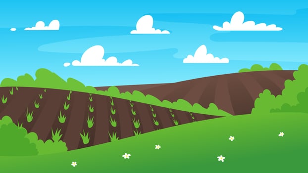 Spring green hills landscape. Farm, agriculture and garden. Vector illustration of garden work, garden beds, planting seedlings rise, trees and nature. Drawing for a eco poster, background.