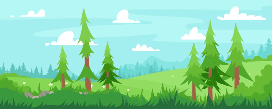 Vector illustration of beautiful summer landscape fields, flowers, grass, pine trees, green hills, mountains, blue sky, clouds forest silhouette background in flat banner cartoon style. Spring season.