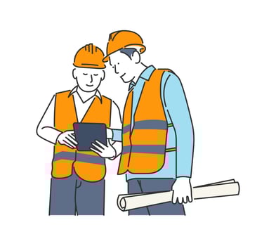 Icon illustration of construction worker discussing with tablet vector
