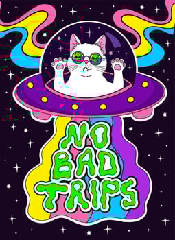 psychedelic groovy white cat in sunglasses, cool space trip vector