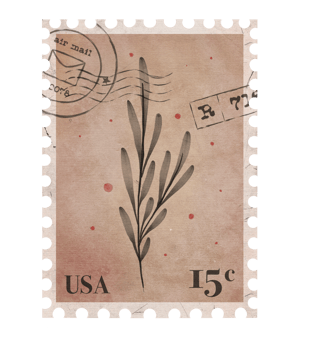 Botanical vintage Postage Stamp. Retro Printable post stamp with Leaves. Aesthetic cutout Scrapbooking elements for wedding invitations, notebooks, journals, greeting cards, wrapping paper png