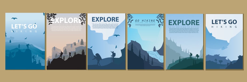 Vector brochure cards set. Travel concept of discovering, exploring and observing nature. Hiking. Adventure tourism. Flat design template of flyer, magazine, book cover, banner, invitation, poster.
