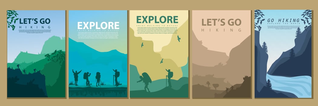 Vector brochure cards set. Travel concept of discovering, exploring and observing nature. Hiking. Adventure tourism. Flat design template of flyer, magazine, book cover, banner, invitation, poster.