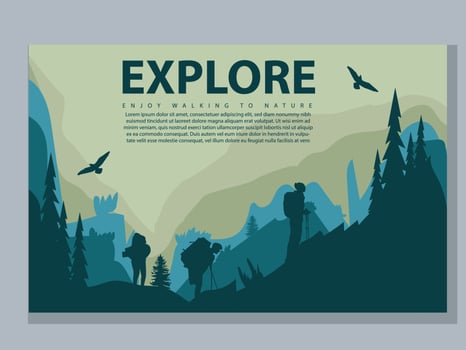 Vector brochure cards set. Travel concept of discovering, exploring and observing nature. Hiking. Adventure tourism. Flat design template of flyer, magazine, book cover, banner, invitation, poster.