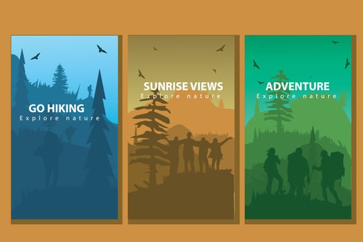 Vector brochure cards set. Travel concept of discovering, exploring and observing nature. Hiking. Adventure tourism. Flat design template of flyer, magazine, book cover, banner, invitation, poster.
