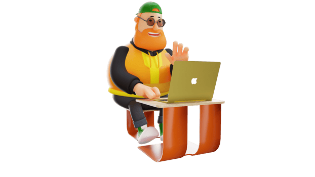 3D illustration. Diligent Fat Man 3D Cartoon Character. A stylish man at work. Young businessman is working in front of laptop and smiling happily. 3D Cartoon Character png
