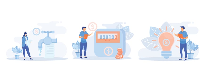 Household bills illustration. Characters calculating electricity, warm tap water and other utility costs. flat vector modern illustration