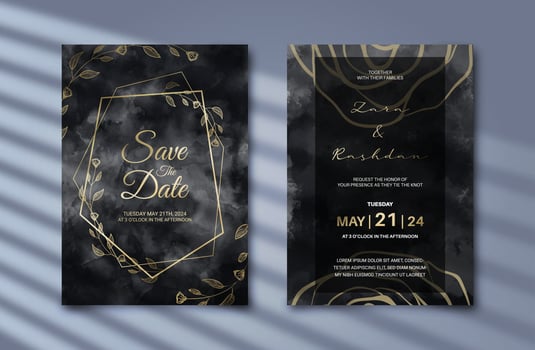 Luxurious wedding invitation with gold floral decoration and abstract black background. Aesthetic invitation template with beautiful decoration vector