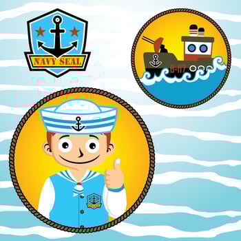 Young boy in sailor uniform with gunboat and navy seal logo, vector cartoon illustration