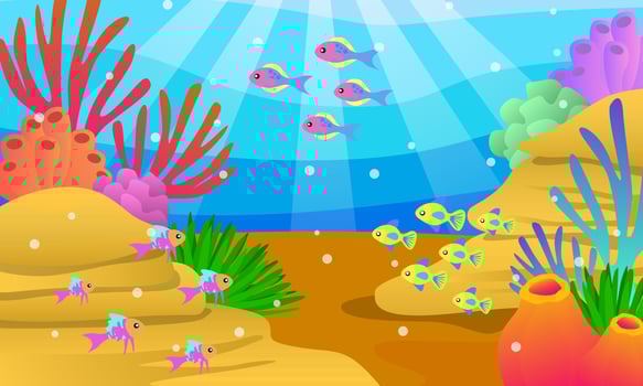 underwater scenery illustrations, vectors, corals, colorful fish, algae, marine plants, deep sea, caves, sand, sunlight, children's book illustrations, posters, websites, mobile applications, and more vector