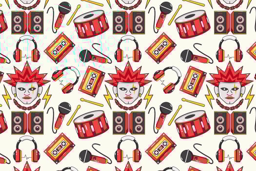 Punk Rock. Guitars, headsets, drums, tapes, pianos, speakers, beer and skull patterns vector