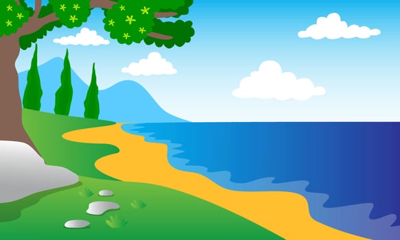natural landscape illustration, beach, blue sea, trees, meadow, rocks, flowers, blue sky and clouds, children's book illustration, poster, website, mobile application vector