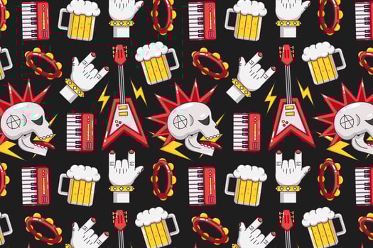Punk Rock. Guitars, headsets, drums, tapes, pianos, speakers, beer and skull patterns vector
