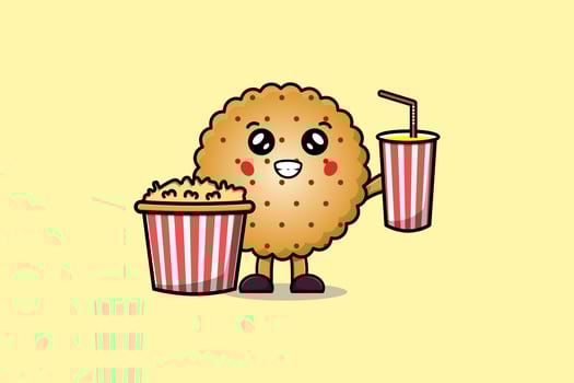 Cute cartoon Cookies with popcorn and drink vector