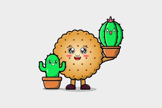Cute cartoon Cookies holding cactus plant in pot vector