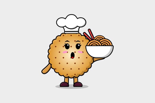 Cute cartoon Cookies chef holding noodles in bowl vector