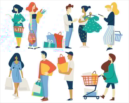 Shopping men and women with bags supermarket basket or cart vector