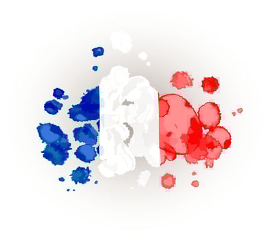 Colorful abstract France country flag, paint splash texture, grunge textured illustration isolated on white background. Watercolor brush drops. vector