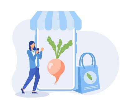 Grocery food shopping illustration.  Character buying online on laptop and smartphone fresh organic vegetables and grocery items, putting in shopping basket or trolley. Flat vector modern illustration