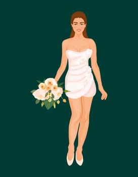 Beautiful young bride in short wedding dress with elegant bouquet. Woman in white dress with flowers. vector