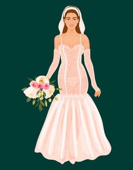 Young bride in long shear gown with veil and wedding bouquet in hand. Beautiful woman in ceremonial white dress, full-length. vector