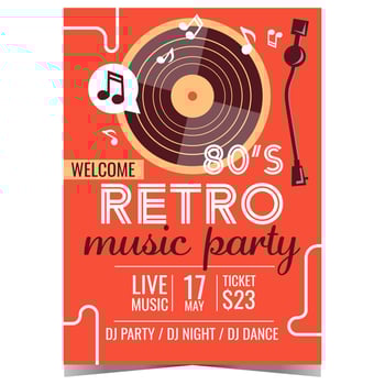 Eighties retro music party invitation poster. Vector design template of flyer or banner with vinyl record player for 80's retro party, disco dance night, concert or sow promotion.
