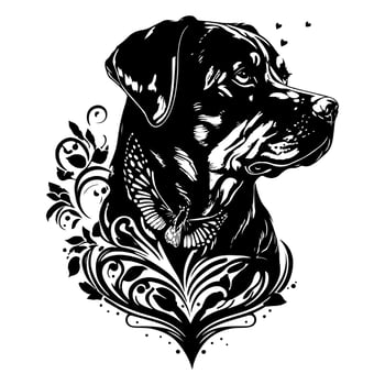 Ornamental Rottweiler dog portrait. Decorative illustration for logo, emblem, sign, embroidery, nameplate, sublimation. vector