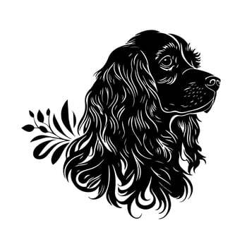 Ornamental Spaniel dog portrait. Decorative illustration for logo, emblem, sign, embroidery, nameplate, sublimation. vector