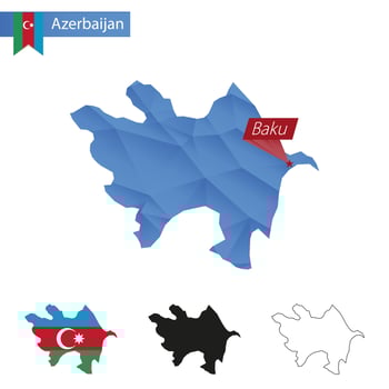 Azerbaijan blue Low Poly map with capital Baku. vector
