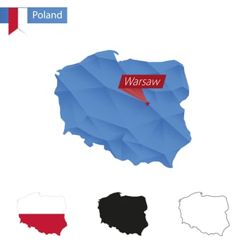 Poland blue Low Poly map with capital Warsaw. vector